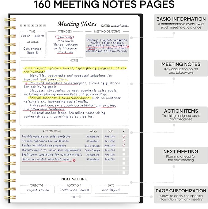 6 Pack of Meeting Notebook for Work Organization - Work Planner Notebook with Action Items, Agenda Planner for Note Taking, 160 Pages (6.9" X 9.9") Project Organizer for Men & Women - Black
