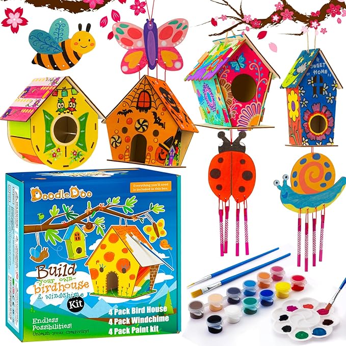 DoodleDoo 8 Pack Bird House & Wind Chime Kits, Buildable Birdhouse DIY Crafts for Kids Ages 4-8 8-12, 3+ Summer Arts and Craft for Children Boy Girl to Build, Valentine's Day Gift