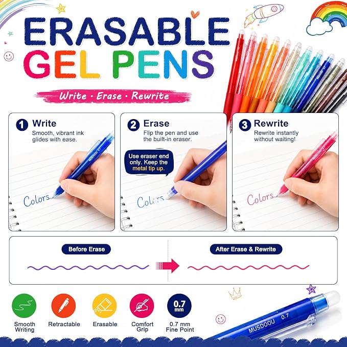 Erasable Gel Pens, 24 Assorted Colors, 0.7mm Fine Point Retractable Gel Ink Pens with Erasers, Smooth Writing Multicolor Pens for Journaling, Note Taking, Planning, Drawing and Art Projects