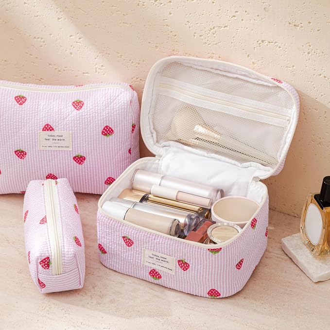 HBselect Quilted Makeup Bag, 3Pcs Cotton Large Travel Makeup Bags Organizer | Cute Floral Make up Bag Cosmetic Bag Toiletry Bag for Women Girls, Makeup Pouch for Skincare, Brushes & Travel Essentials
