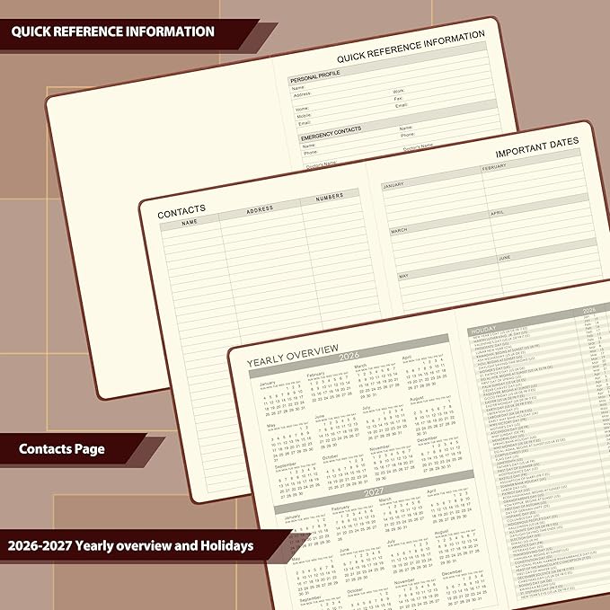 Vondafe 2026-2027 Planner - Weekly and Monthly Planner 2026-2027, Jul. 2026 - Jun. 2027, 9" x 11", 26-27 Calendar Planner with Inner Pocket + Elastic Closure + Pen Loop + Bookmarks, Leather Hardcover - Brown