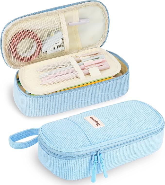 Zzrywuty Aesthetic Pencil Case, Large Capacity Soft Corduroy Pouch with Handle, Wide Opening Blue Cute Stationery Bag & Organizer for School Office, Teens Adults