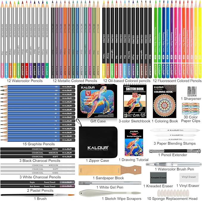 KALOUR PDAS 127 Drawing Set Sketching Kit, Pro Art Supplies with 3-Color Sketchbook & Coloring Book, Neon, Colored, Watercolor, Metallic, Graphite, Charcoal Pencils, Gift for Artists Adults Teens