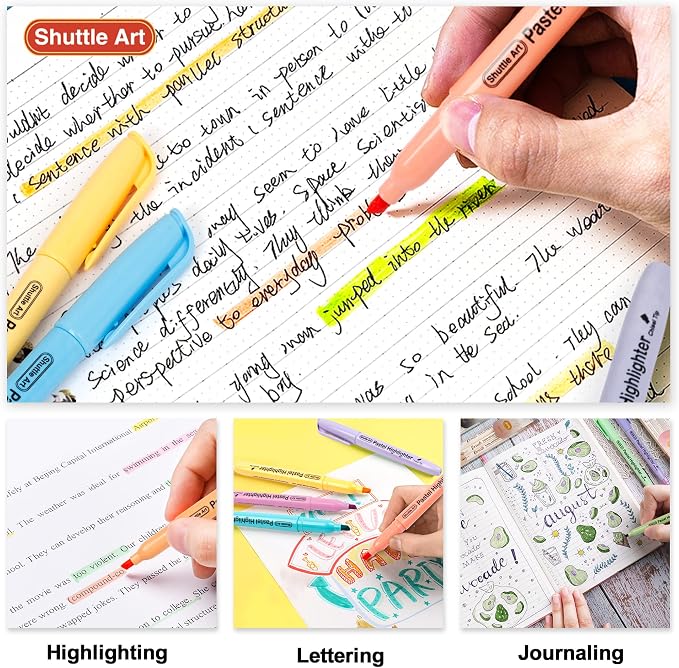 Shuttle Art Highlighters, 15 Colors Pastel Highlighter Pens Assorted Colors, Chisel Tip Dry-Quickly Non-Toxic Highlighter Markers for Adults Students Highlighting in the Home School Office