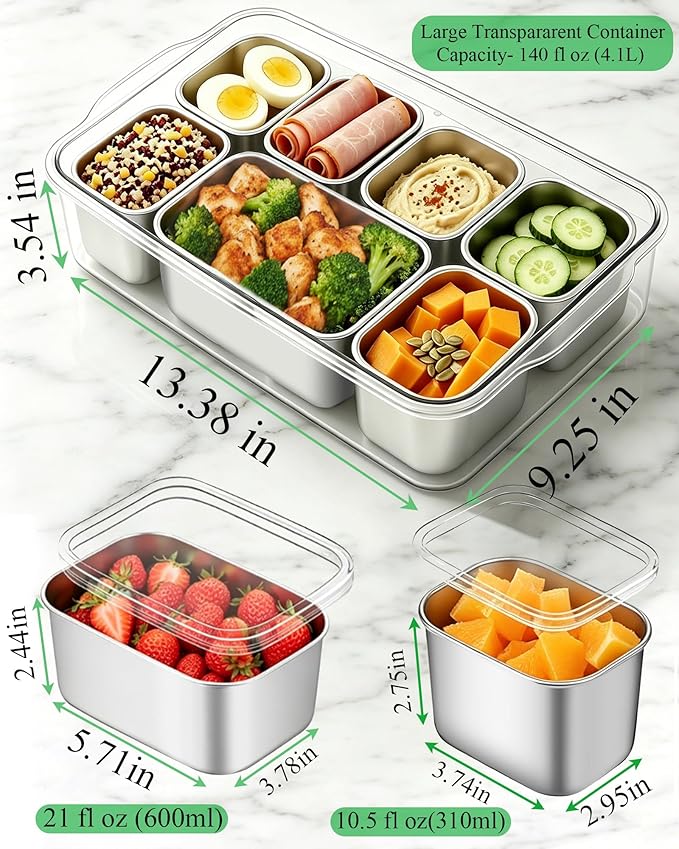 Snackle Box Container, 7-Compartment Stainless Steel Snack Box, Dishwasher Safety Snack Tray with Lid and Handle, Large Divided Serving Tray for Travel, Picnic, Beach, Pool and Parties