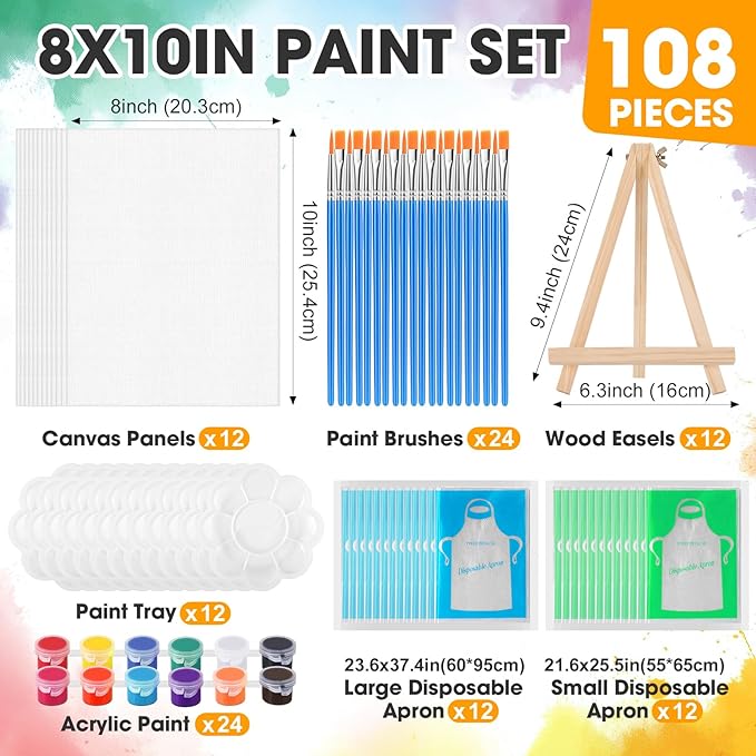 ESRICH 12 Pack 8x10 Canvas and Easel Set, Mini Acrylic Paint, Paint Brushes, Palettes, Aprons, Painting Kits for Adults Couples Friends Date Night Sip and Paint Party Supplies