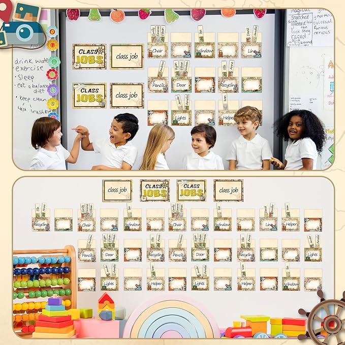 112 Pcs Travel Theme Bulletin Board Decor Adventure Class Jobs Chart for Classroom Bulk with 48 Pockets & 60 Cards Teacher's Helper Posters Writable Labels for Class Management & School Supplies