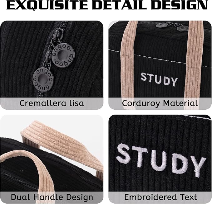EASTHILL Corduroy Hand-held Pencil Case Large Cute Pencil Pouch Stationery Pen Bag for Teen Girls-Black