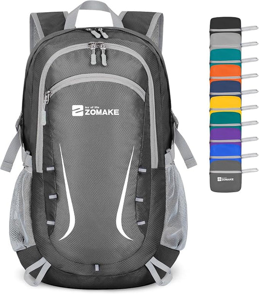 ZOMAKE Lightweight Packable Backpack 35L, Foldable Backpacks Water Resistant Collapsible Light Daypack for Hiking(Medium Grey) | Light Hiking Backpacks Water Resistant Collapsible Day Pack for Travel, Everyday Carry, Multi-Pocket Layout, Heavy Duty Nylon