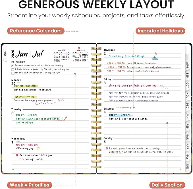 Planner 2026-2027, Academic Year Monthly and Weekly Calendar Planner, Jul 2026 - Jun 2027, Hardcover Teacher Student Planning Agenda book with Tabs, Perfect for School Office Supplies, 6.3" x 8.5" - Humming Glow