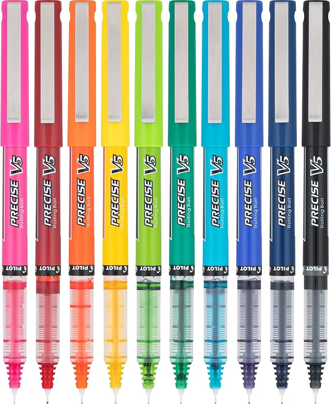 Pilot Precise V5 Capped Liquid Ink Rollerball Pens, Extra Fine Point Ink Pens 0.5 mm, Colored, Assorted Colors, Pack of 10 - Ideal for School, Journaling, & Office Writing