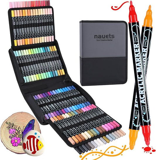 nauets 100 Colors Dual Tip Acrylic Paint Markers, Premium Dot & Fine Tip Acrylic Paint Pens for Rock, Wood, Fabric, Canvas, Glass, Scrapbook, Paper, Ceramic, Egg, and DIY Crafts Supplies Art Gifts