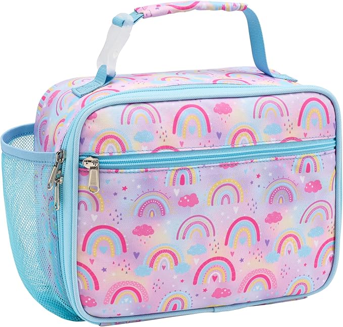Bagseri Kids Lunch Bag Girls - Thermal Insulated Lunch Box Tote with Water Bottle Holder, Reusable Leak-Proof Kids Lunch Box for Daycare & School, Pink Rainbow (Containers Not Included)