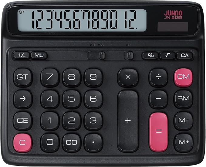 12-Digit Desktop Calculator, Modern Color-Clash Aesthetic Design, Dual Power (Solar & Battery), Ergonomic Tilted Large LCD Display for Office, School and Accounting (Black)