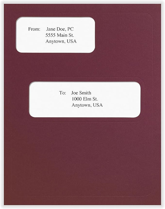 Tax Presentation Folder, Double Windows, Burgundy, One Pocket, 8-3/4" x 11-1/4", Pack of 100