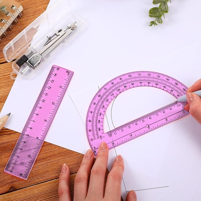 Zonon 3 Pcs Plastic Ruler 6 Inch Protractor Drawing Compass Set, Student Geometry Math Transparent Measuring Tools for Home School Classroom Office Supplies(6 Inch,Pink)