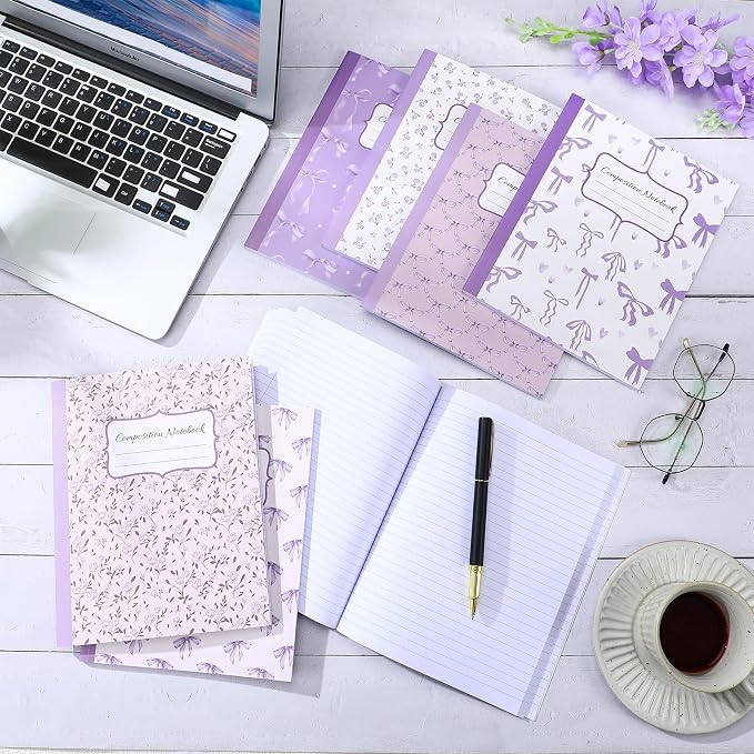 Fullhawl 6 Pack Composition Notebook College Ruled Bulk Purple Bow Composition Notebook Preppy Aesthetic for Back to School Supplies 110 Pages 9-3/4 x 7-1/2" Journal for First Day of School Office