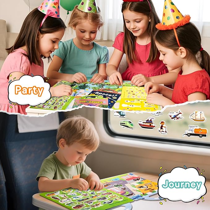 Reusable Sticker Books for Toddlers 1-3, Puffy Stickers Book for Kids Ages 2-4, Toddler Travel Toys for Birthday Christmas - Animal, Marine, Dinosaur, Traffic, Space, Organ (6 Set)