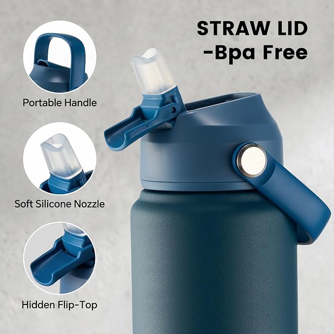 Fijinhom 24 oz Insulated Water Bottle with Straw Lid, Stainless Steel Water Bottles, Double Wall Vacuum, Portable Handle & Non-slip Bottom, BPA Free Leak Proof Metal Bottles, Keep Cold 24H, Blue/Black