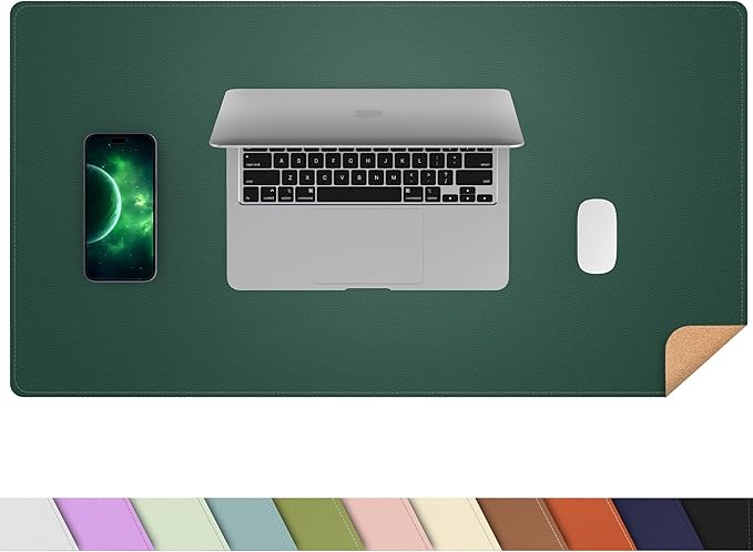 AFIING Cork Desk Mat 31.5" x 17", Waterproof Dual-Sided Cork & PU Leather Desk Pad, Non-Slip Desk Protector for Home Office, Workspace Setup & Gaming (Dark Green)