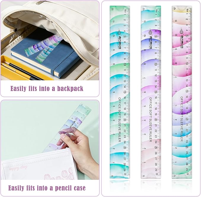 BAYTORY 6Pcs Flexible Plastic Ruler 30 cm /12 Inch, Plastic Ruler for School, Transparent Assorted Color Rulers with Inches and Centimeters, Soft Bendable Rulers for School & Office (30 cm / 12 Inch)