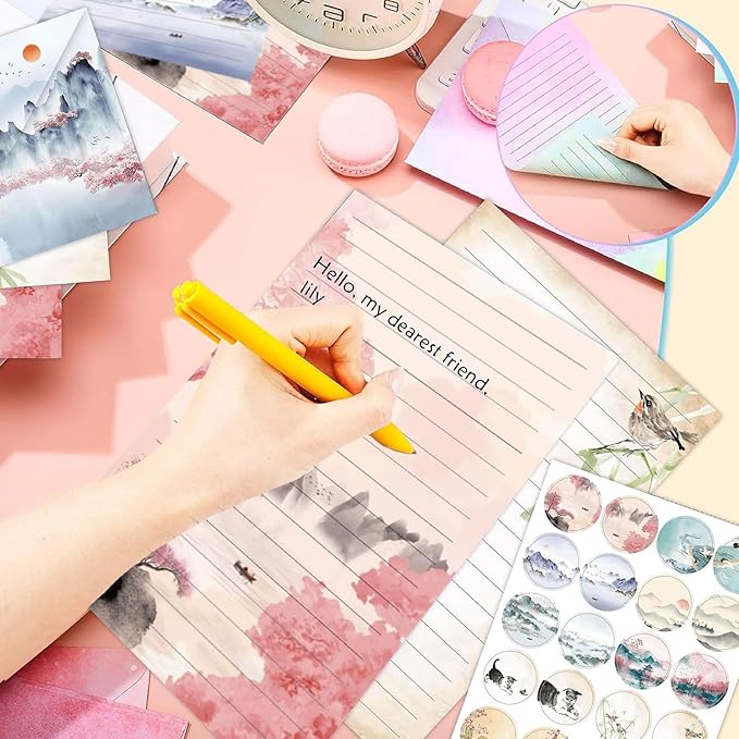 160 Pcs Stationery Paper Envelopes Set Includes 50 Lined Writing Paper & 50 Envelopes with 60 Colorful Round Dot Stickers, Ink Painting Letter Writing and Stationery Paper Envelopes(10Style)