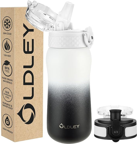 OLDLEY Insulated Water Bottle 12oz Water Bottles with Straw, Stainless Steel Water Bottle with 2 Lids, Double Wall Vacuum Bottels for Adults School Kids, Leak-Proof Travel Sport Bottles, White Black