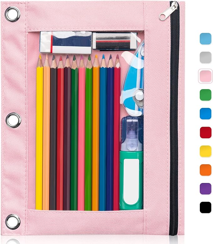 Forvencer Pencil Pouch for 3 Ring Binder, Binder Pencil Case with Binder | Smooth Zipper Pencil Bag, Clear Window Pencil Case for Binder, Big Capacity 3 Ring Binder with 3 Reinforced Grommets, Pink