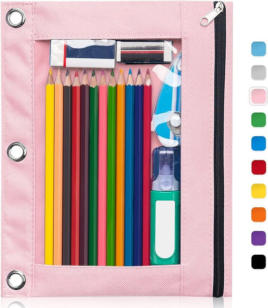 Forvencer Pencil Pouch for 3 Ring Binder, Binder Pencil Case with Binder | Smooth Zipper Pencil Bag, Clear Window Pencil Case for Binder, Big Capacity 3 Ring Binder with 3 Reinforced Grommets, Pink