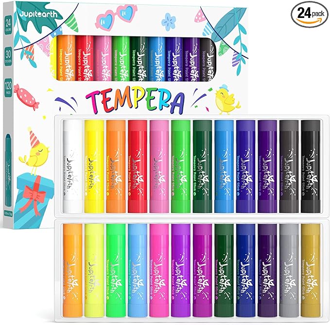 JUPITEARTH Paint Sticks for Kids 24 Colors, Quick Drying, Smooth, Non-Toxic and Washable Tempera Paint Sticks with 120 PDF Coloring Pages and 30 Stickers, Toddler Art Supplies for Drawing
