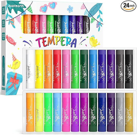 JUPITEARTH Paint Sticks for Kids 24 Colors, Quick Drying, Smooth, Non-Toxic and Washable Tempera Paint Sticks with 120 PDF Coloring Pages and 30 Stickers, Toddler Art Supplies for Drawing