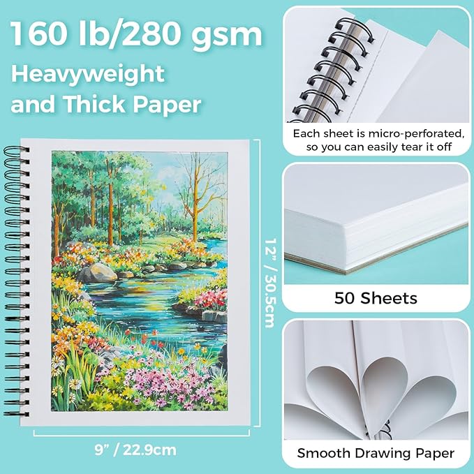 Ohuhu Double-Sided Marker Pad Art Sketchbook Bleedproof - 9"x12" Large Paper Size - 160 lb/280 gsm Heavyweight Smooth Drawing Paper - 50 Sheets/100 Pages - Spiral-Bound Sketch Book for Alcohol Markers