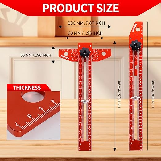 Woodworking Scriber Marking Line Ruler, T Type Woodworking Ruler 16 inch, Adjustable Aluminum Alloy Sliding T-Square Ruler, Precision Line Drawing aid Ruler with Angle Adjustment Scale(Red)