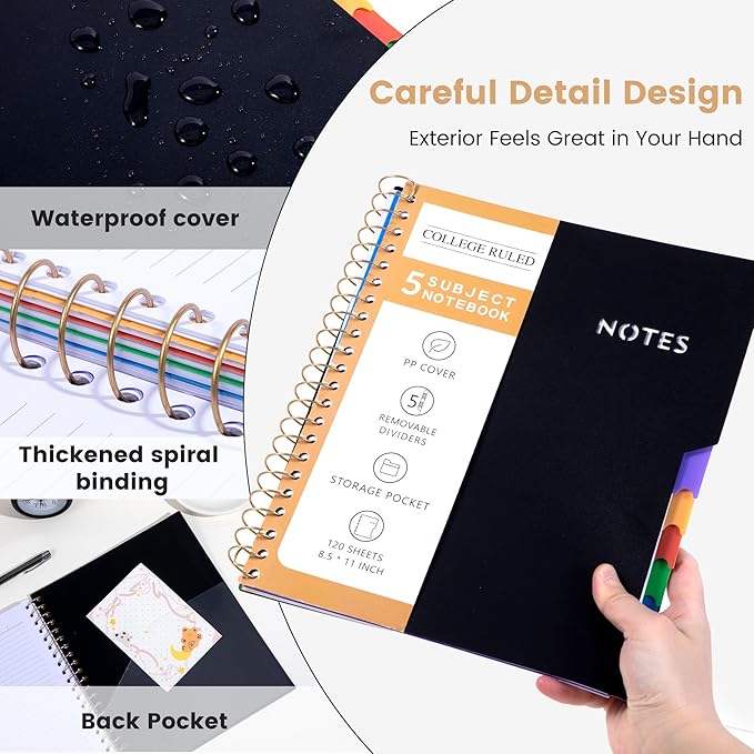 CAGIE Spiral Notebooks for School Work with Removable Dividers Tabs, 8.5” x 11” 5 Subject Notebook College Ruled, Large Lined Journaling Notebook for Women Men Writing, Black