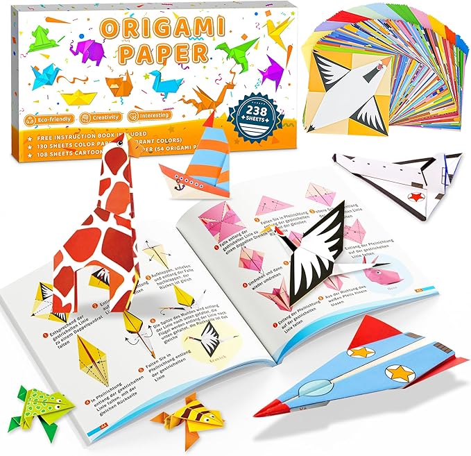 MOBYKE 238 Sheets Origami Paper, Oragami kit for Kids ages with 54 Patterns Projects, Double Sided Colored Blank Orgami Bulk Folding Book, Square Craft Patterned Papers Gift Set for Beginners Boy Girl