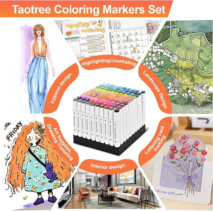 Taotree Alcohol Markers Set 120 Colors with Case & Holders, Dual Tips Art Coloring Markers Pens, Chisel & Fine Sketch Pens Art Supplies for Artist Adult Coloring Books Drawing, Painting, Sketching