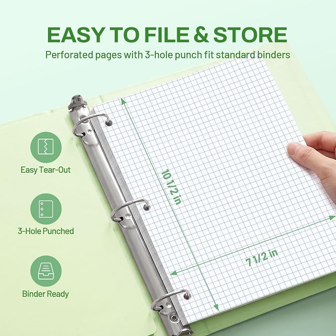 SUNEE Spiral Notebook, 1-Subject, Graph Ruled Paper, 8" x 10-1/2", 100 Sheets per Notebook, 3-Hole Punched Paper, Water Resistant Cover, Spiral Grid Notebooks for Work, Home, School, Dark Green