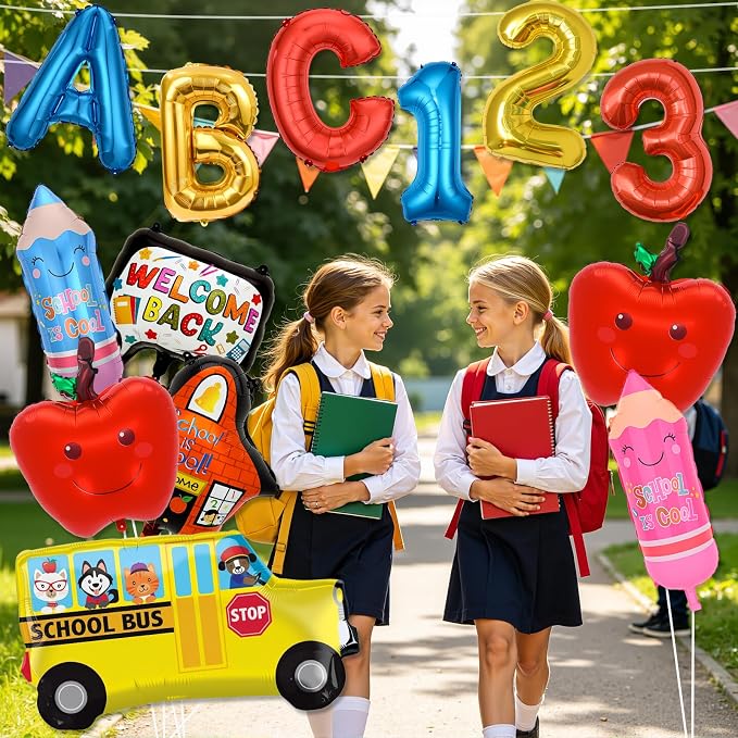 Back to School Balloons,Back to School Decorations,ABC 123 Foil Balloons | 13PCS Back to School Balloon with School Bus,Apples,Pencils, Welcome Balloon for Classroom, Kindergarten, First Day of School
