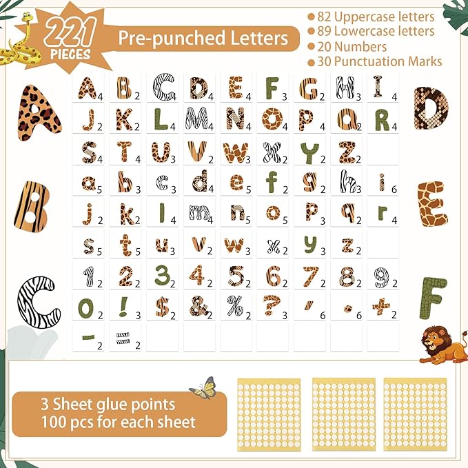 221 Pcs Wild Animal Bulletin Board Letters, Round Alphabet Number Punctuation Symbol Combo Letter Cutouts, Jungle Classroom Decor for School Classroom Chalkboard Poster Bulletin Board Wall