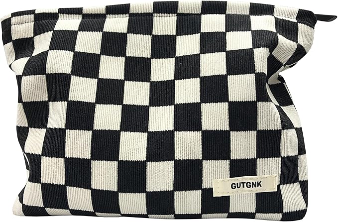 GUTGNK Women's Cosmetic Bag, Corduroy Checkerboard Travel Cosmetic Bag Small Cosmetic Bag Skin Care Cosmetic Changing Handy Bag Zipper Organizer