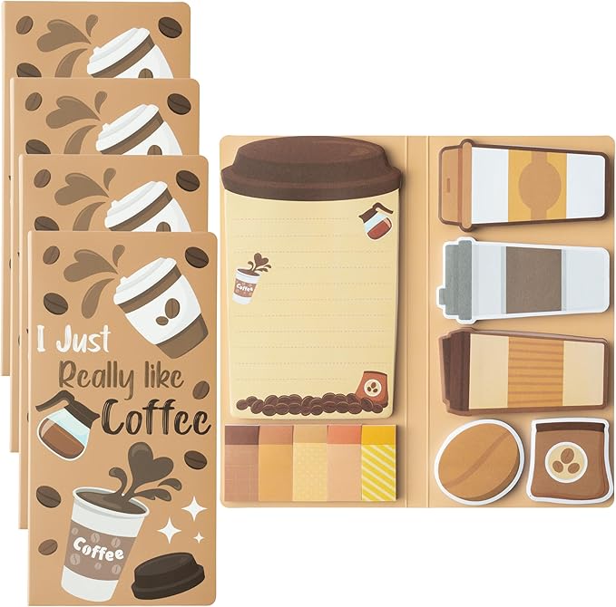 B1ykin Coffee Cup Sticky Notes Set - I Just Really Like Coffee Self-Stick Notes Pad, 550 Sheets Writing Memo Pages Sticky Notepad for Teacher Appreciation Gifts, School Office Party Favors (4Pcs)