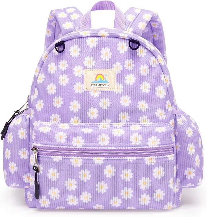 STEAMEDBUN Corduroy Toddler Backpack for Girls 2-4: Kids backpack for Boys Girls - 12 inch Preschool Kindergarten Backpacks - Purple Daisy