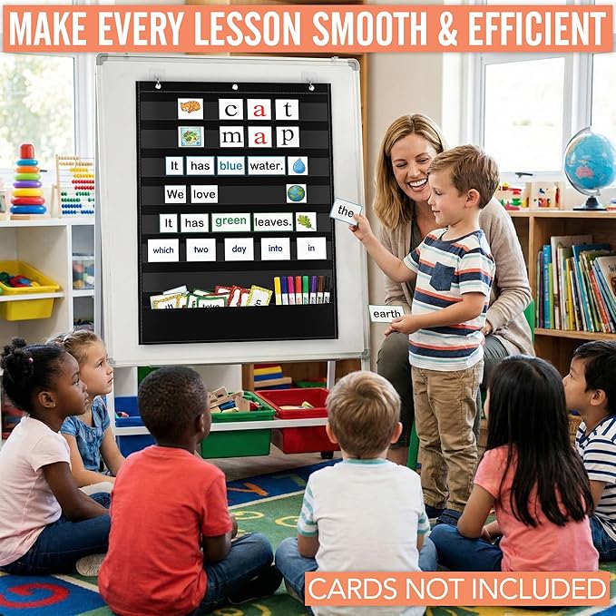 Standard Pocket Chart for Classroom - 7+1 Black Pocket Chart for Alphabet Learning Word Wall Calendar Daily Schedule Sentence Strips Sticker Display, Teacher Supplies for Preschool Kindergarten & Home