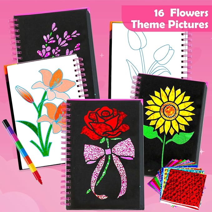 FUNNYB&G Foil Art Craft Kit for Girls 4-10 Years Old: Mess-Free & No-Glue, Create 16 Sparkly Flower Pictures – Perfect Travel Toy & Birthday Gift for Kids(Flower)