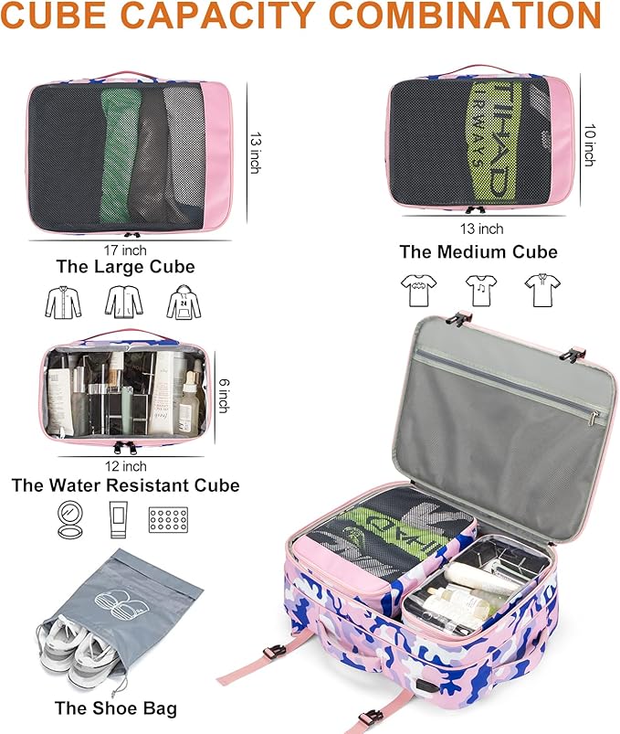 Lumesner Carry on Travel Backpacks, Extra Large 40L Flight Approved for Men & Women,Expandable Suitcase backpack (Camouflage Pink(Backpack With 4 Packing Cubes))