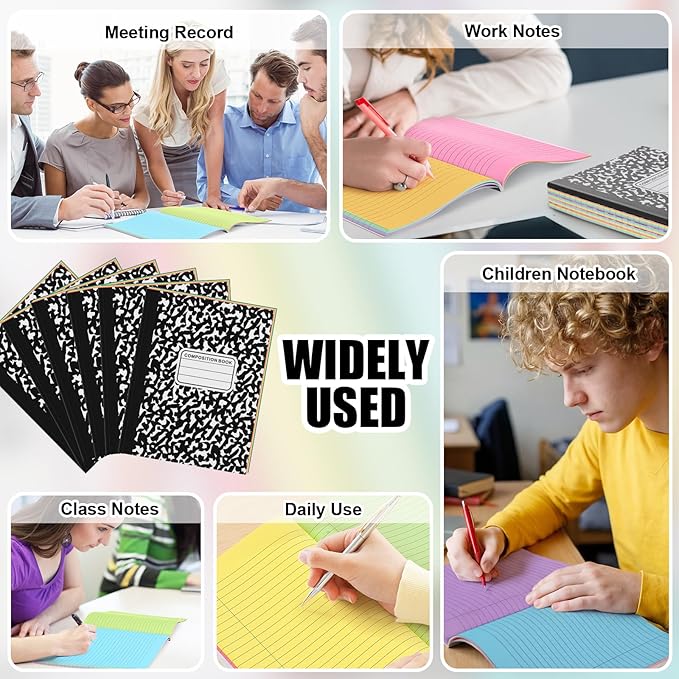 Henoyso 6 Pcs 120 Pages Colored Paper Notebooks 9.75" x 7.5" Rainbow Colors Lined Paper Notebook Wide Ruled Marble Notebooks Journals Bulk for Office School Supplies(Black Classic)