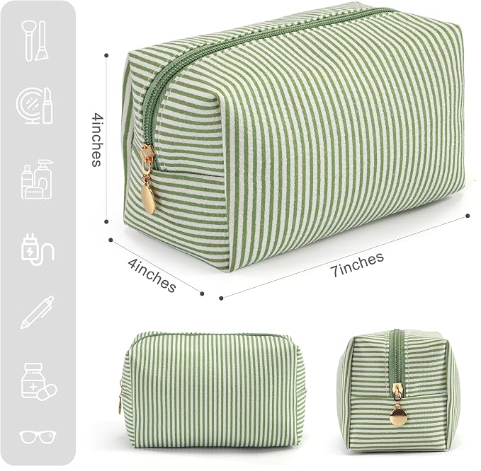 Makeup Bag Set for Women, 4PCS Travel Cosmetic Bags Pencil Case, Striped Seersucker Toiletry Organizer Pouches, Cute Makeup Pouch for Purse, Accessories and Gifts, Green