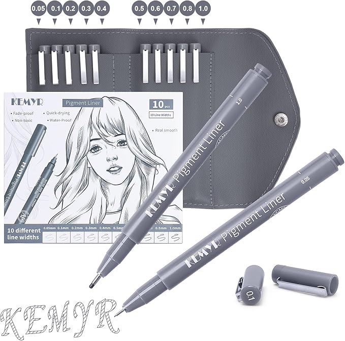 KEMYR 10 Micro Fine liner Drawing Art Pens Calligraphy Pens: 0.05mm-1.0mm Size Grey Art supplies Waterproof Archival Grey Ink Markers For Artists,Use for Professional Watercolor,Sketching