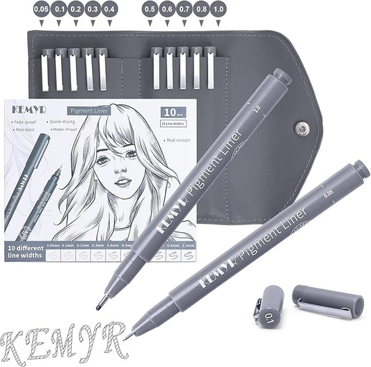 KEMYR 10 Micro Fine liner Drawing Art Pens Calligraphy Pens: 0.05mm-1.0mm Size Grey Art supplies Waterproof Archival Grey Ink Markers For Artists,Use for Professional Watercolor,Sketching