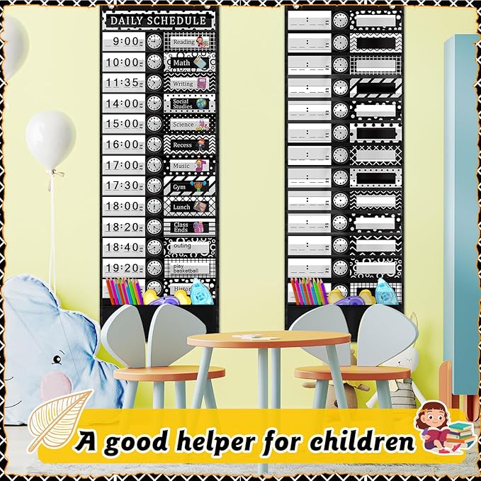Chiisong Daily Schedule Pocket Chart, Boho 14+1 Pocket, with 40 Pcs Reusable Dry Eraser Cards Calendar for Classroom Toddler Schedule Chart Office Home Activity(Classic Style)